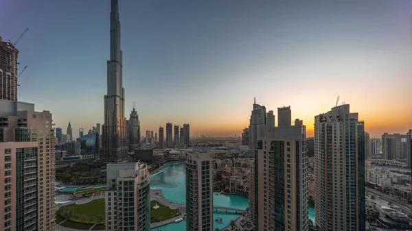 Dubai Downtown Cityscape Tallest Skyscrapers Sunrise Aerial Night Day Transition —  Fotos de Stock