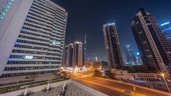 Légi Panoráma Néz Fel Dubai Belvárosára Difc Felhőkarcolók Forgalmas Forgalom — Stock Fotó