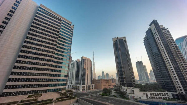 Aerial Panoramic Looking View Dubai Downtown Difc Skyscrapers Busy Traffic — Stock Photo, Image
