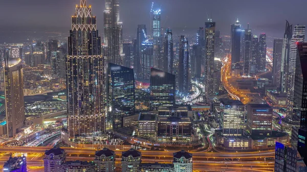 Aerial View Tallest Towers Dubai Downtown Skyline Highway Day Night — Fotografia de Stock