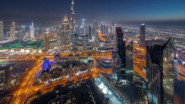 Aerial View Tallest Towers Dubai Downtown Skyline Highway Day Night — Zdjęcie stockowe