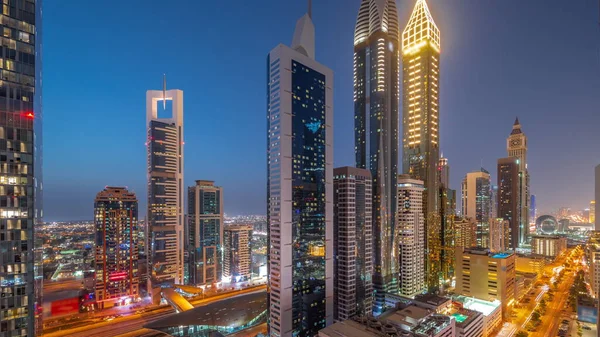 Aerial View Dubai International Financial District Many Skyscrapers Day Night — Fotografia de Stock