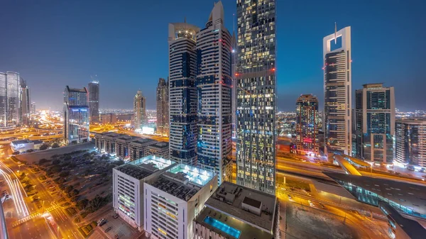Aerial Panorama Dubai International Financial District Many Illuminated Skyscrapers Day — Stock Photo, Image