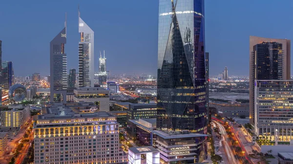 Повітряний Вид Міжнародного Фінансового Району Дубай Багатьма Хмарочосами День Ніч — стокове фото