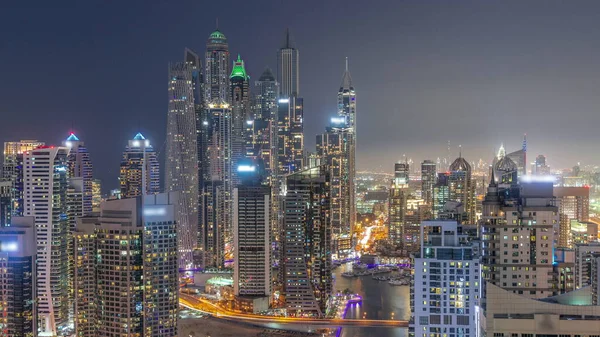 View Various Skyscrapers Tallest Recidential Block Dubai Marina Aerial Day — Stock Photo, Image
