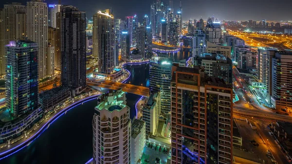 Kilátás Különböző Felhőkarcolók Legmagasabb Rekreációs Blokk Dubai Marina Légi Egész — Stock Fotó