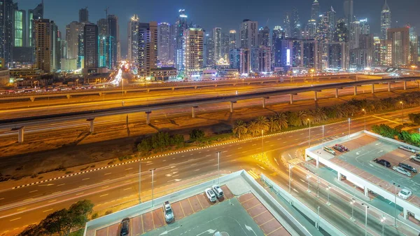Dubai Jachthaven Hoogste Blok Van Wolkenkrabbers Dag Tot Nacht Overgang — Stockfoto