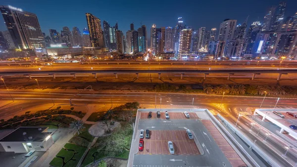 Dubai Marina Rascacielos Sheikh Zayed Carretera Con Metro Noche Aérea —  Fotos de Stock