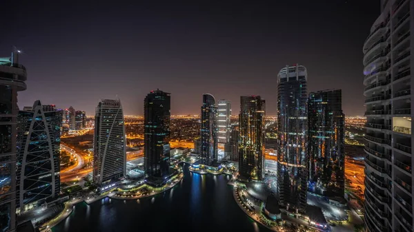 Magas Lakóépületek Panorámája Jlt Járási Antenna Egész Éjjel Része Dubai — Stock Fotó