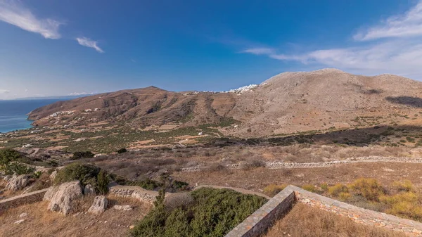 Panoraama Näyttää Amorgos Saaren Antenni Timelapse Ylhäältä Perinteinen Kreikka Valkoiset — kuvapankkivalokuva