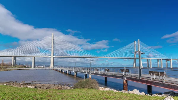 Vasco Gama Bridge Timelapse Hyperlapse Pier Cable Stayed Longest Bridge — Stock Photo, Image