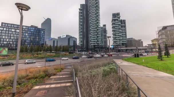 Panorama Showing Skyscrapers Biblioteca Park Green Lawn Timelapse Located Piazza — Wideo stockowe