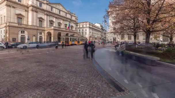 Panorama Showing Theater Scala Timelapse Small Park Historic Building Monument — Stok video