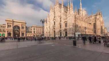 Panorama showing Milan Cathedral and historic buildings timelapse. Duomo di Milano is the cathedral church located at the Piazza del Duomo square in Milan city in Italy