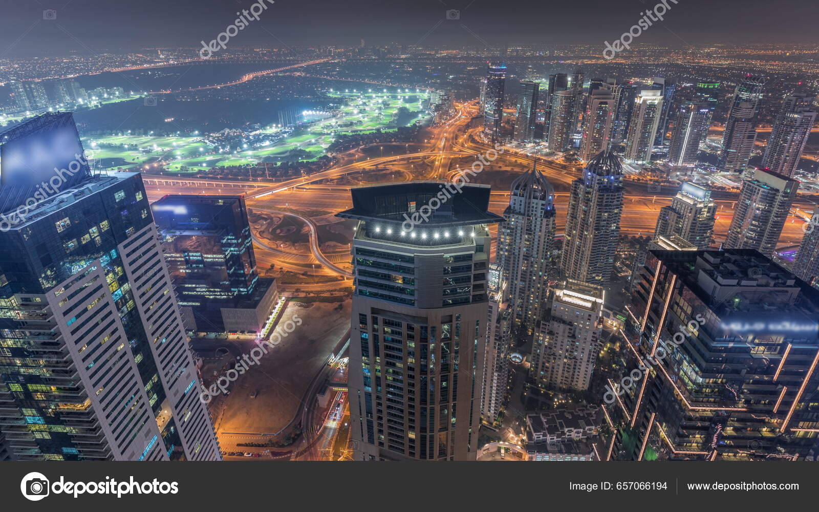 Panorama Dubai Marina Jlt Skyscrapers Golf Course Night Timelapse
