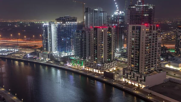 Torri Presso Business Bay Aereo Giorno Notte Transizione Timelapse Dubai — Foto Stock