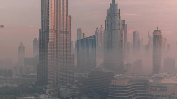 Légi Kilátás Dubai Város Kora Reggel Köd Éjszakáról Napra Átmeneti — Stock Fotó