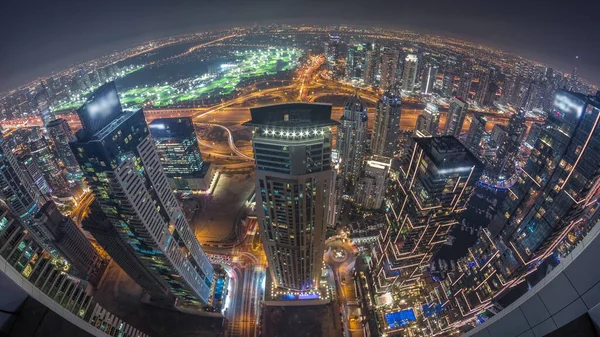 Panorama Dubai Marina Con Rascacielos Jlt Campo Golf Día Noche —  Fotos de Stock