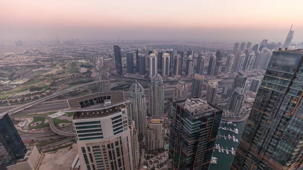 Panorama Dubai Marina Com Arranha Céus Jlt Campo Golfe Timelapse — Fotografia de Stock