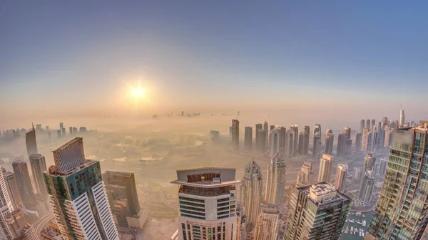 Panorama Dubai Marina Med Jlt Skyskrapor Och Golfbana Soluppgången Timelapse — Stockfoto