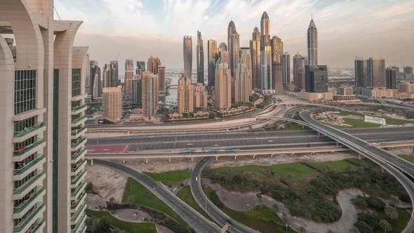 Panorama Dubai Marina Motorväg Korsning Spaghetti Korsning Natt Till Dag — Stockfoto