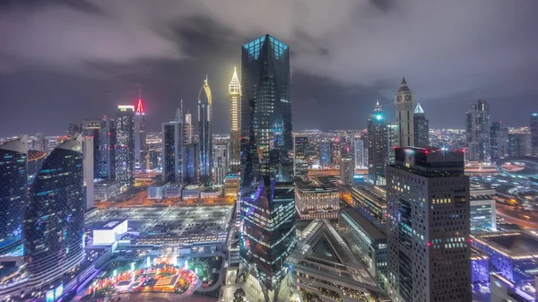 Панорама Футуристичних Хмарочосів Після Заходу Сонця Фінансовому Діловому Центрі Дубаї — стокове фото