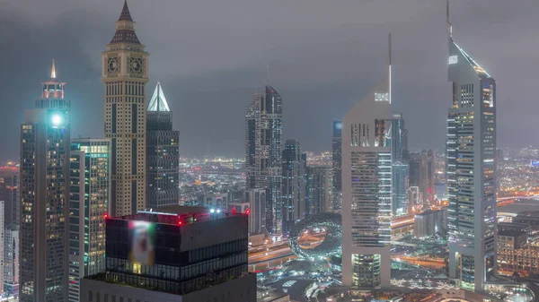 Felhőkarcolók Sheikh Zayed Road Difc Éjjel Nappal Átmeneti Időbeosztás Dubaiban — Stock Fotó