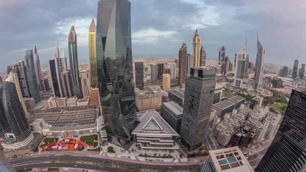 Panorama Futuristic Skyscrapers Financial District Business Center Dubai Road Traffic — Stock Photo, Image