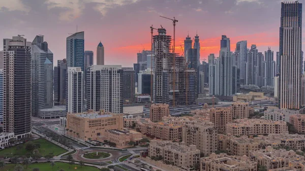 Zatoka Biznesowa Dubaju Wieże Zachodzie Słońca Powietrza Timelapse Widok Dach — Zdjęcie stockowe