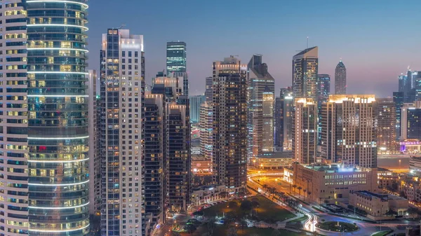 Obchodní Zátoka Věže Letecký Den Noc Přechodový Čas Dubaji Střešní — Stock fotografie