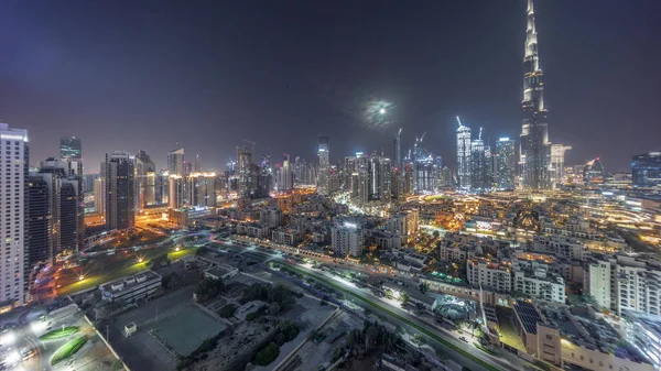 Dubai Downtown All Night Timelapse Panorama Tallest Skyscraper Other Illuminated — Stock Photo, Image