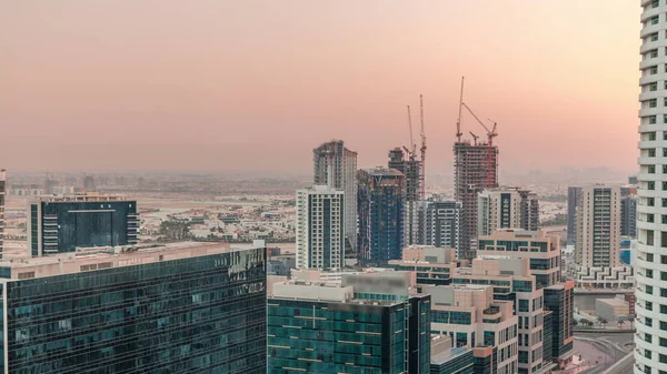 Business Bay Γραφείο Του Ντουμπάι Πύργους Εναέρια Βράδυ Timelapse Rooftop — Φωτογραφία Αρχείου