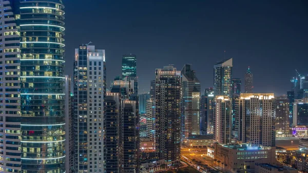 Dubai Üzleti Öböl Tornyok Légi Éjszakai Időeltolódás Tetőtéri Kilátás Néhány — Stock Fotó