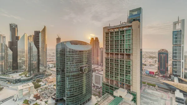 Sunset Felett Dubai Nemzetközi Pénzügyi Központ Felhőkarcolók Légi Időbeosztás Panorámás — Stock Fotó