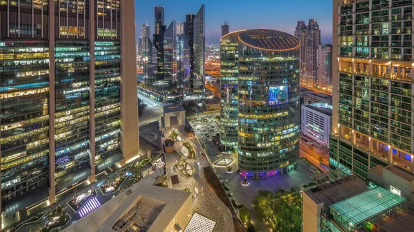 Международный Финансовый Центр Дубая Небоскребы Воздушный День Ночь Переходного Времени — стоковое фото