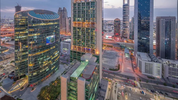 Международный Финансовый Центр Дубая Небоскребы Воздушный День Ночь Переходного Времени — стоковое фото