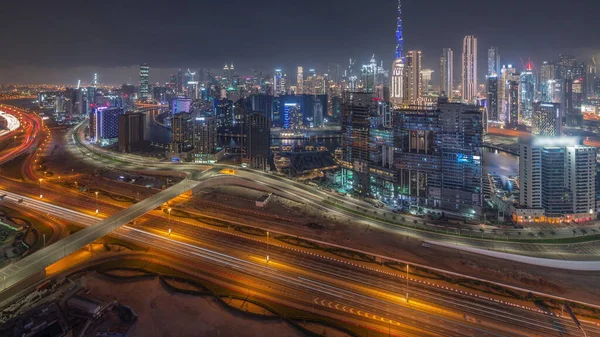 Skyline Con Architettura Moderna Dubai Business Bay Torri Grattacieli Del — Foto Stock