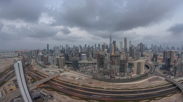 Skyline Panorâmico Dubai Com Baía Negócios Centro Distrito Manhã Timelapse — Fotografia de Stock