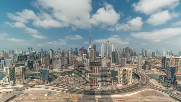 Panorámás Kilátást Dubai Üzleti Öbölben Belvárosban Kerület Timelapse Légi Kilátás — Stock Fotó