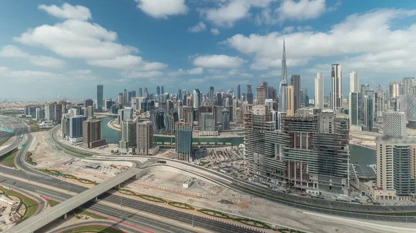 Panorama Mostrando Skyline Dubai Com Baía Negócios Centro Cidade Timelapse — Fotografia de Stock