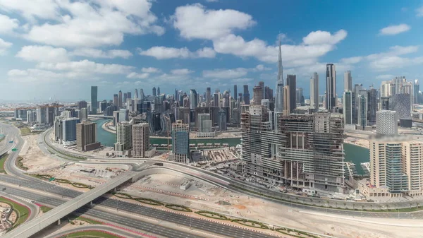 Панорама Показує Хмарочос Дубая Центрі Міста Таймелапсом Ділової Бухти Повітряний — стокове фото