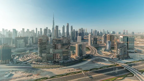 Skyline Panorâmico Dubai Com Baía Negócios Distrito Centro Durante Todo — Fotografia de Stock