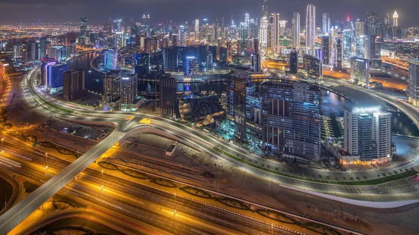 Panorama Que Muestra Horizonte Dubái Con Bahía Negocios Timelapse Noche — Foto de Stock