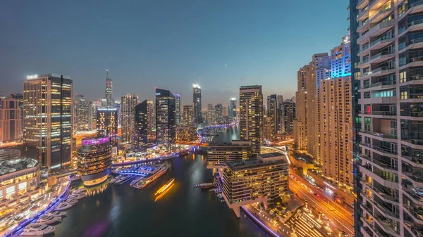 Aerial Panoramic View Dubai Marina Skyscrapers Canal Floating Boats Day — Stock Photo, Image