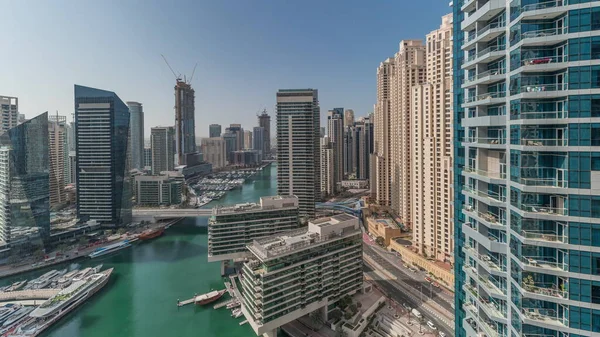 Panorama Leteckým Výhledem Dubajský Přístav Mrakodrapy Kolem Kanálu Plovoucími Čluny — Stock fotografie