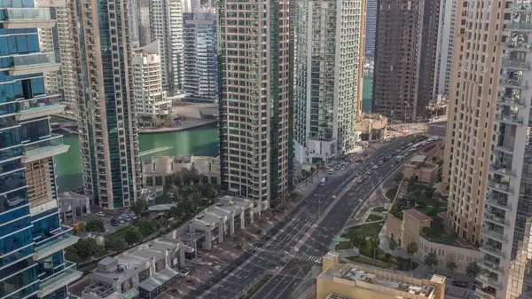 Vista Aérea Los Rascacielos Dubai Marina Tráfico Lapso Tiempo Carretera — Foto de Stock