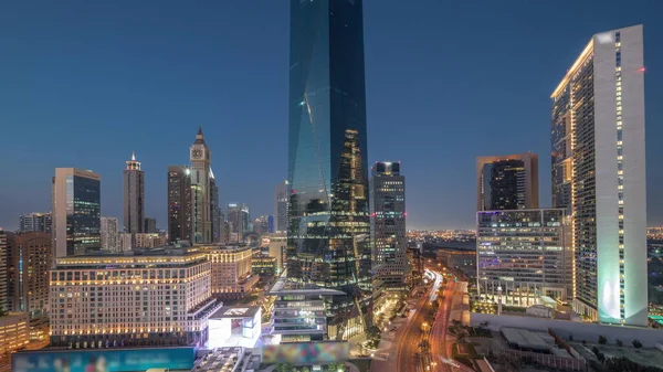 Международный Финансовый Район Дубая День Ночь Время Перехода Вид Воздуха — стоковое фото