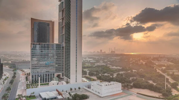 Сонячний Підйом Дубаї Міжнародний Фінансовий Перехідний Період Повітряний Вид Офісних — стокове фото