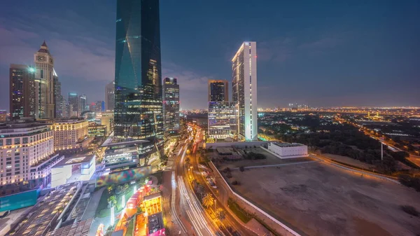 Dubai International Financial District Day Night Transition Timelapse Traffic Street — Stock Photo, Image