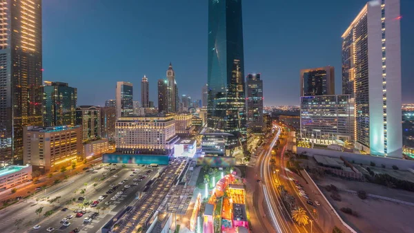 Dubai International Financial District Night Timelapse Panoramic Aerial View Parking — Stock Photo, Image